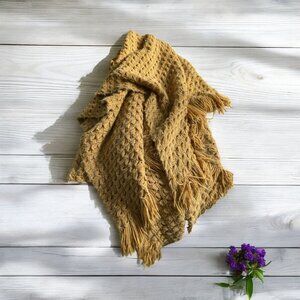 Handmade Mustard Yellow Crochet Throw Blanket With Fringe Edge